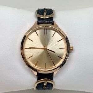 FMD women’s quartz analog watch rose gold tone 37mm round black leather running